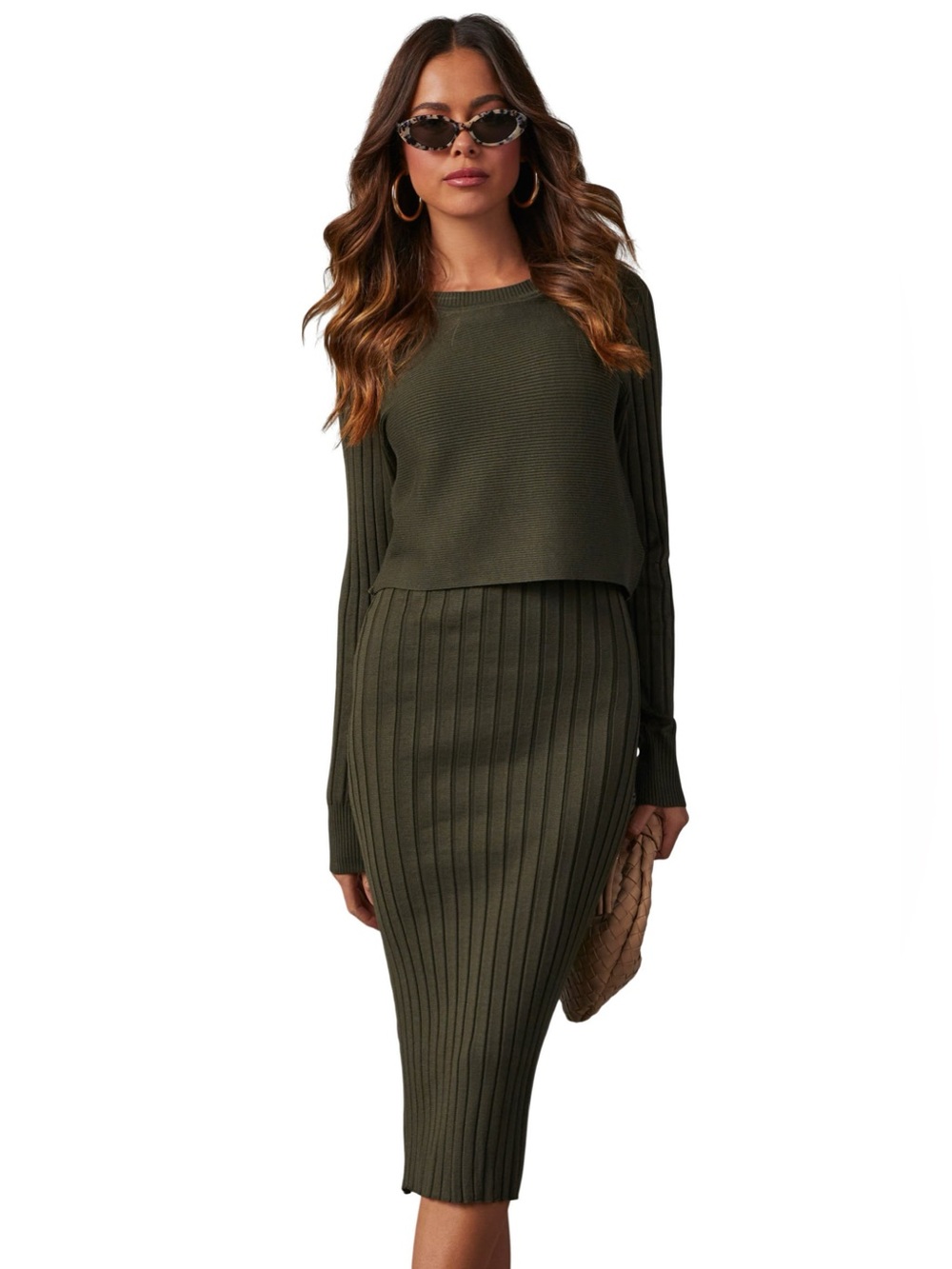 Olive Ribbed Knit sweater Dress.